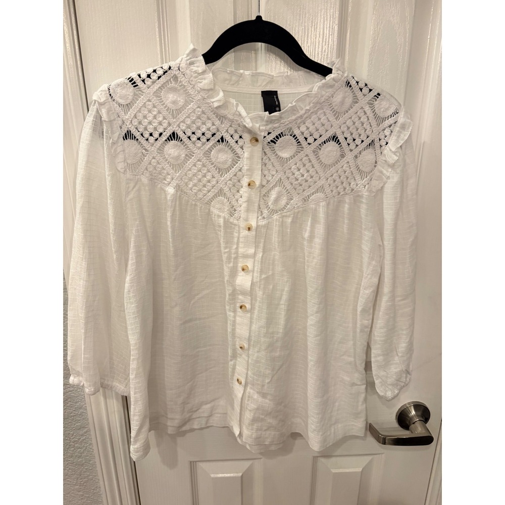 Bobi Blouse White Crochet Lace Yoke Ruffle Neck Cotton Boho Top